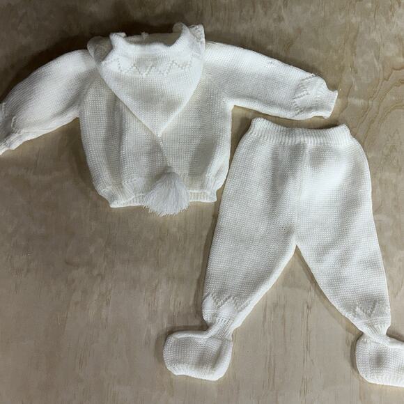 Vintage Baby Girl Knit Outfits Lot – Sweater Pants Set + Cardigan Bonnet Ivory - Picture 7 of 10